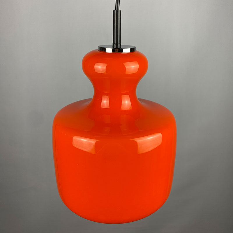 1 of 2 Bright orange glass pendant light by Peill and Putzler 1960