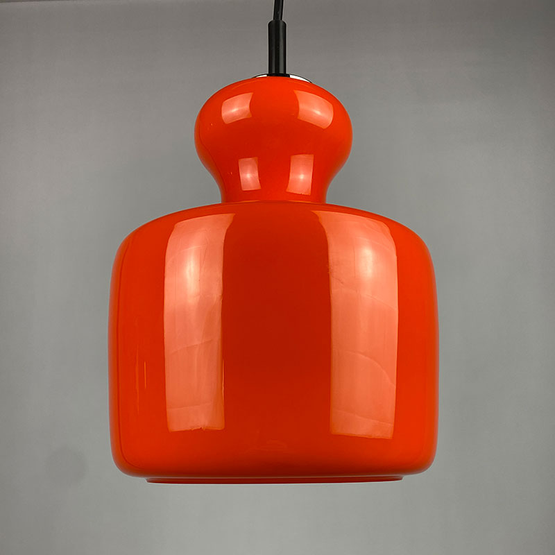 1 of 2 Bright orange glass pendant light by Peill and Putzler 1960