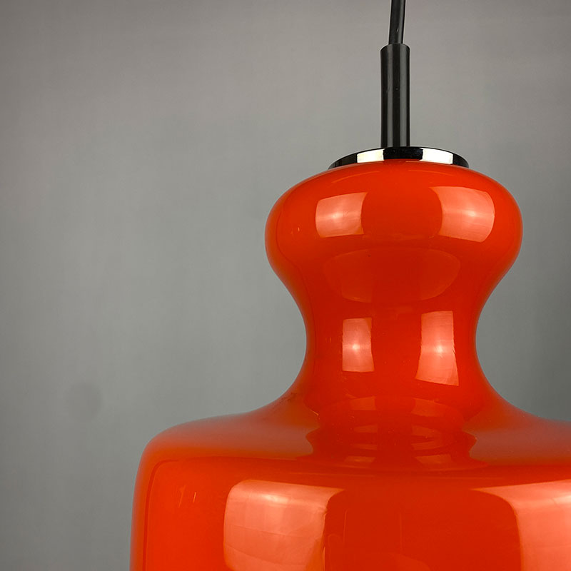 1 of 2 Bright orange glass pendant light by Peill and Putzler 1960