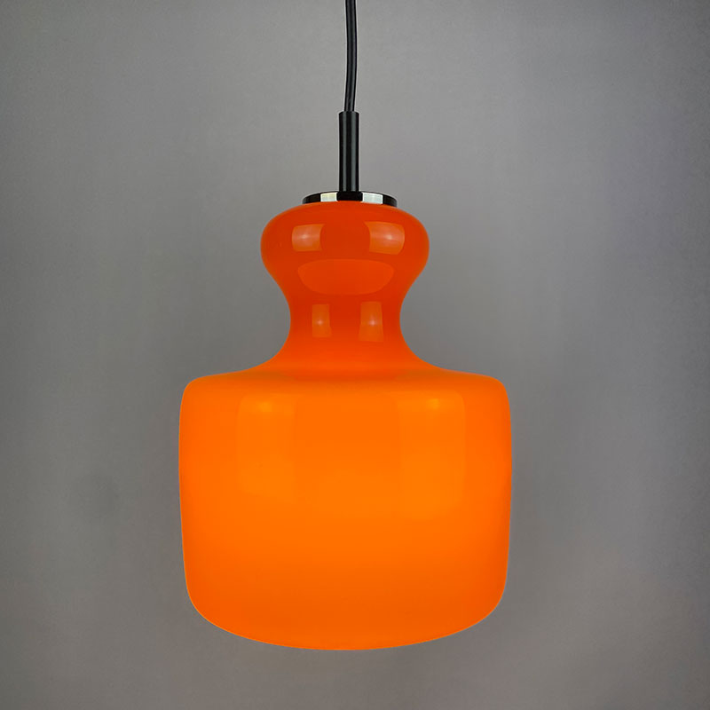 1 of 2 Bright orange glass pendant light by Peill and Putzler 1960