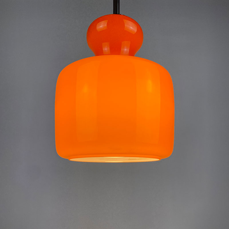 1 of 2 Bright orange glass pendant light by Peill and Putzler 1960