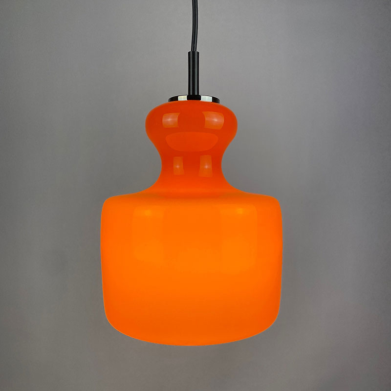 1 of 2 Bright orange glass pendant light by Peill and Putzler 1960