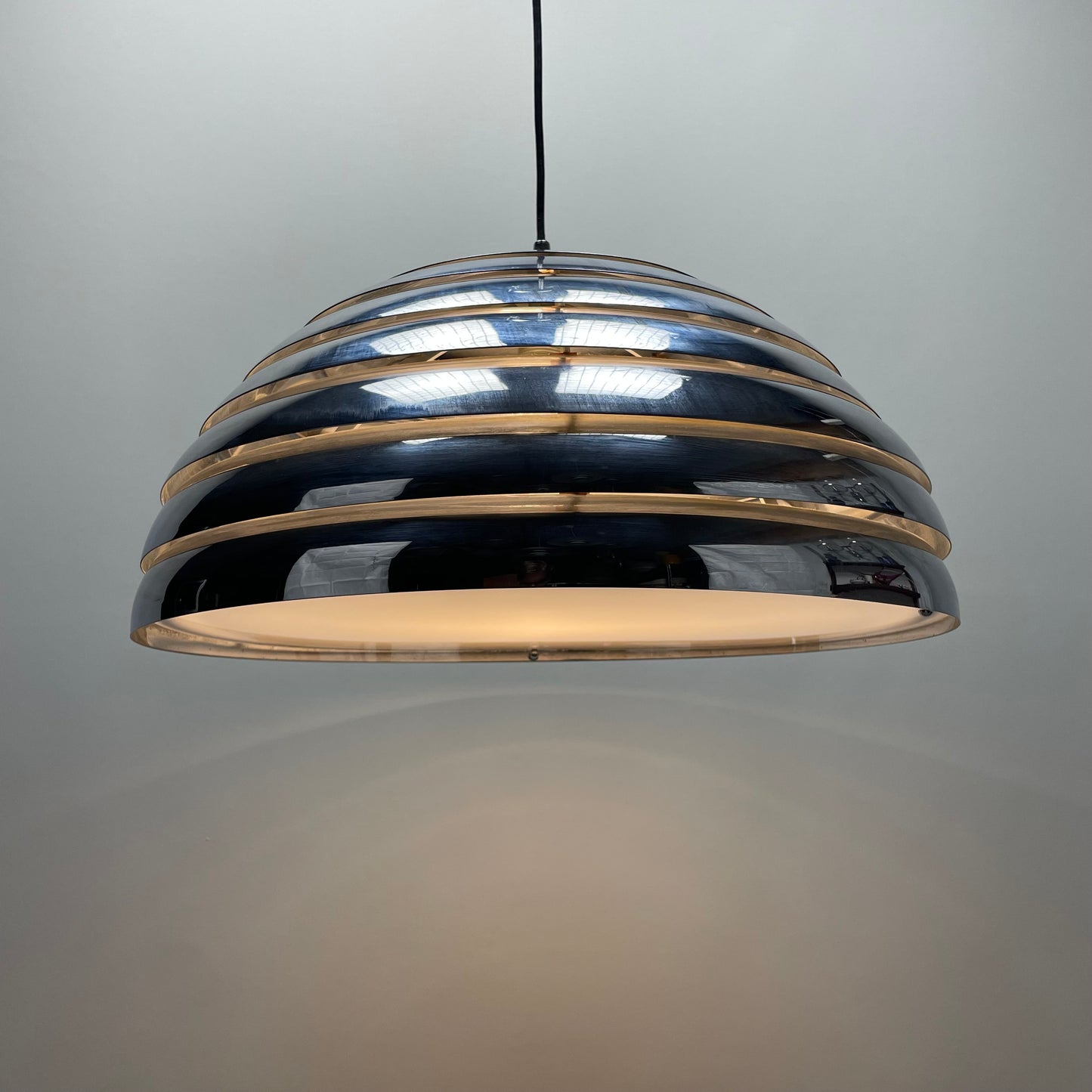 Dome pendant lamp, Hans-Agne Jakobsson, AB Markaryd, chrome pendant light, plexiglass diffuser, Scandinavian lighting, vintage pendant lamp, mid-century modern, rare lighting, designer pendant lamp.