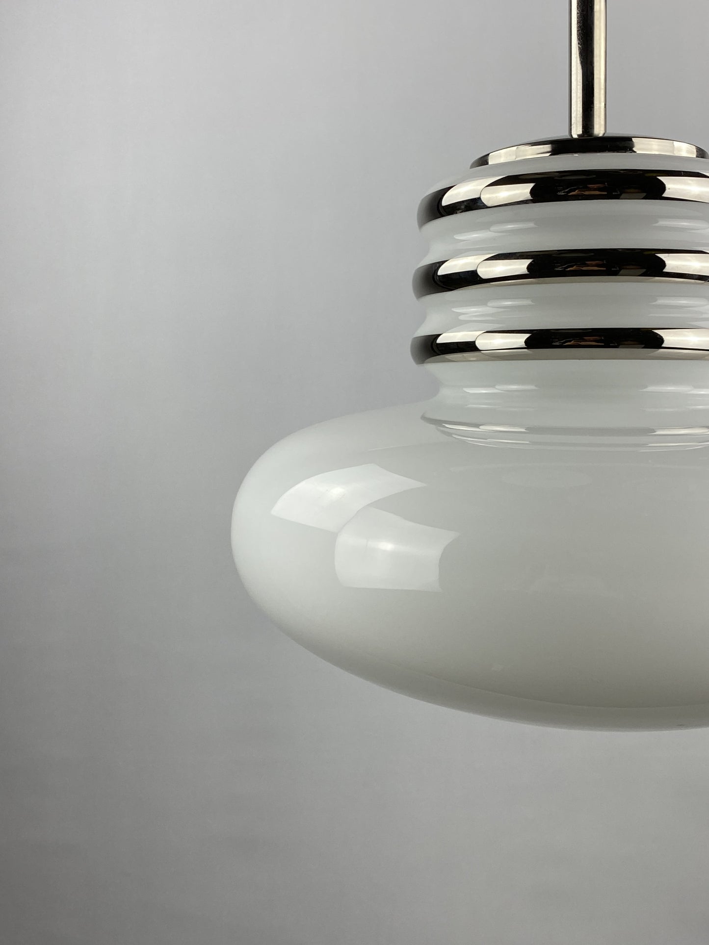 Mid-century white glass and chrome pendant lamp by Leclaire & Schäfer 1970