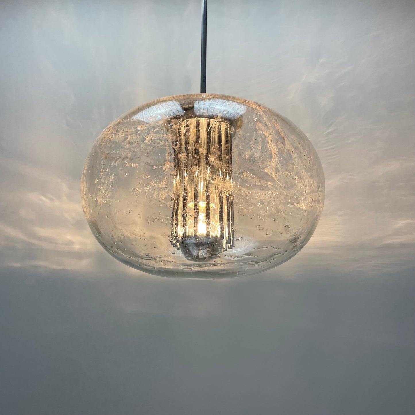 Vintage lamp, Doria Leuchten, bubble glass pendant, hand-blown glass, chrome pendant light, 1960s design, mid-century modern, rare lighting, retro glass lamp, collectible light fixture.