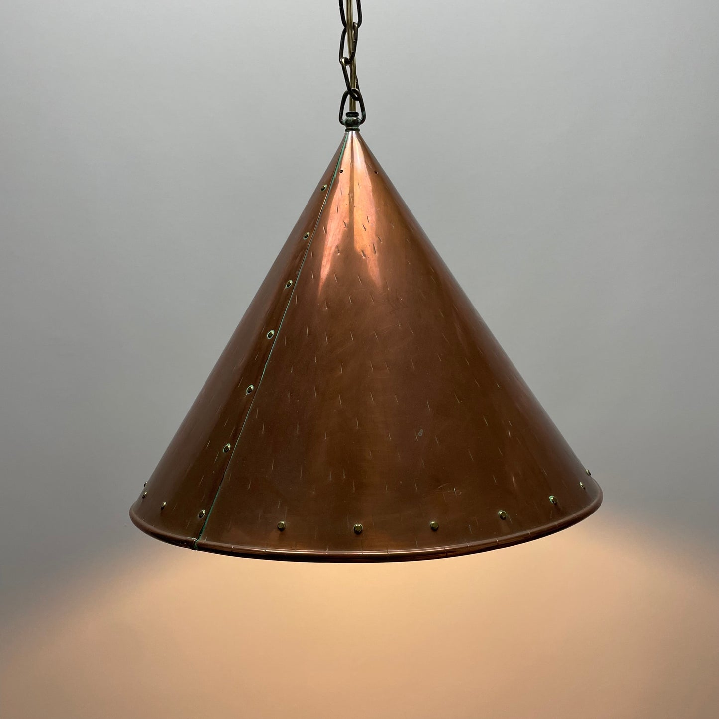 Conical copper pendant light by E.S Horn Aalestrup, Denmark 1950
