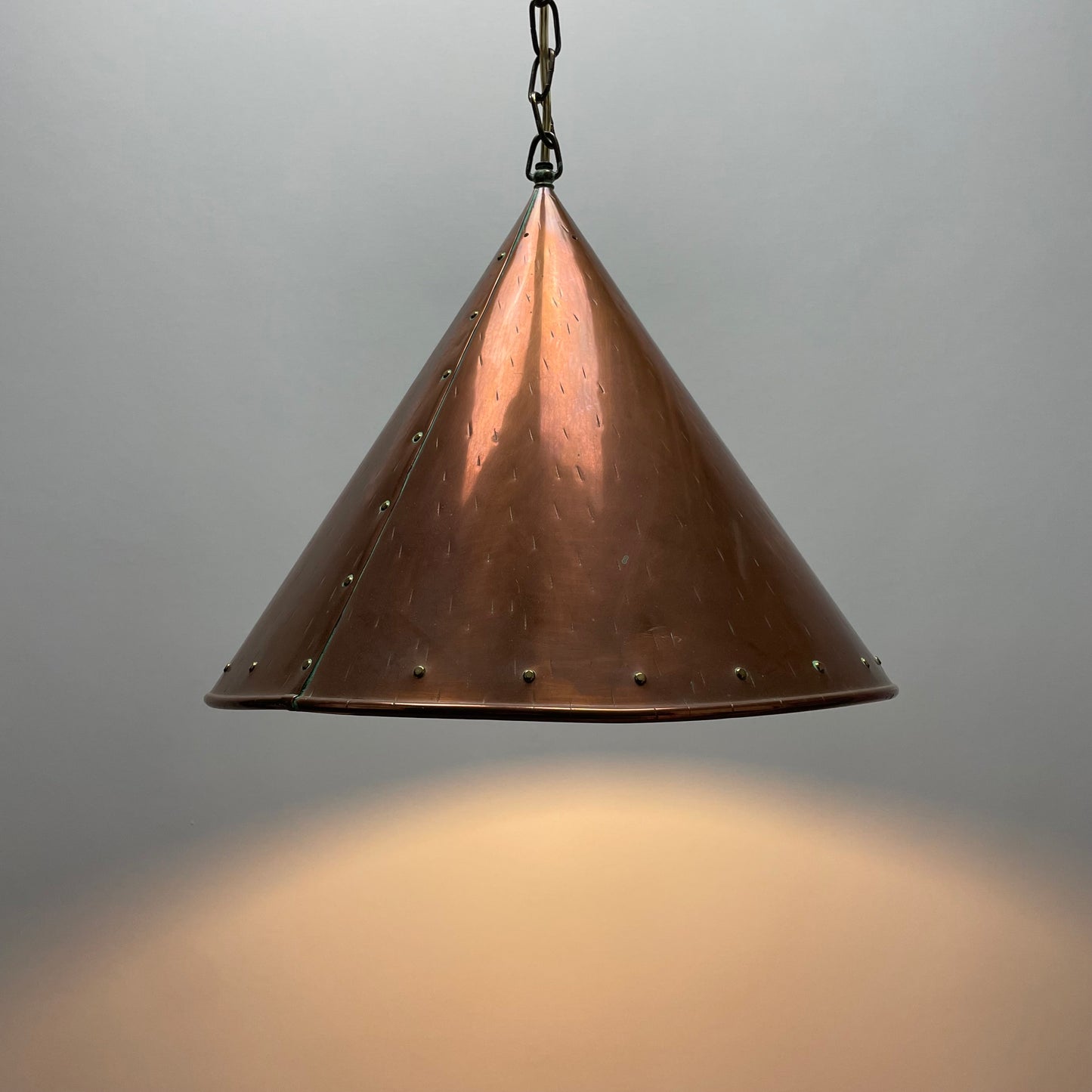 Conical copper pendant light by E.S Horn Aalestrup, Denmark 1950