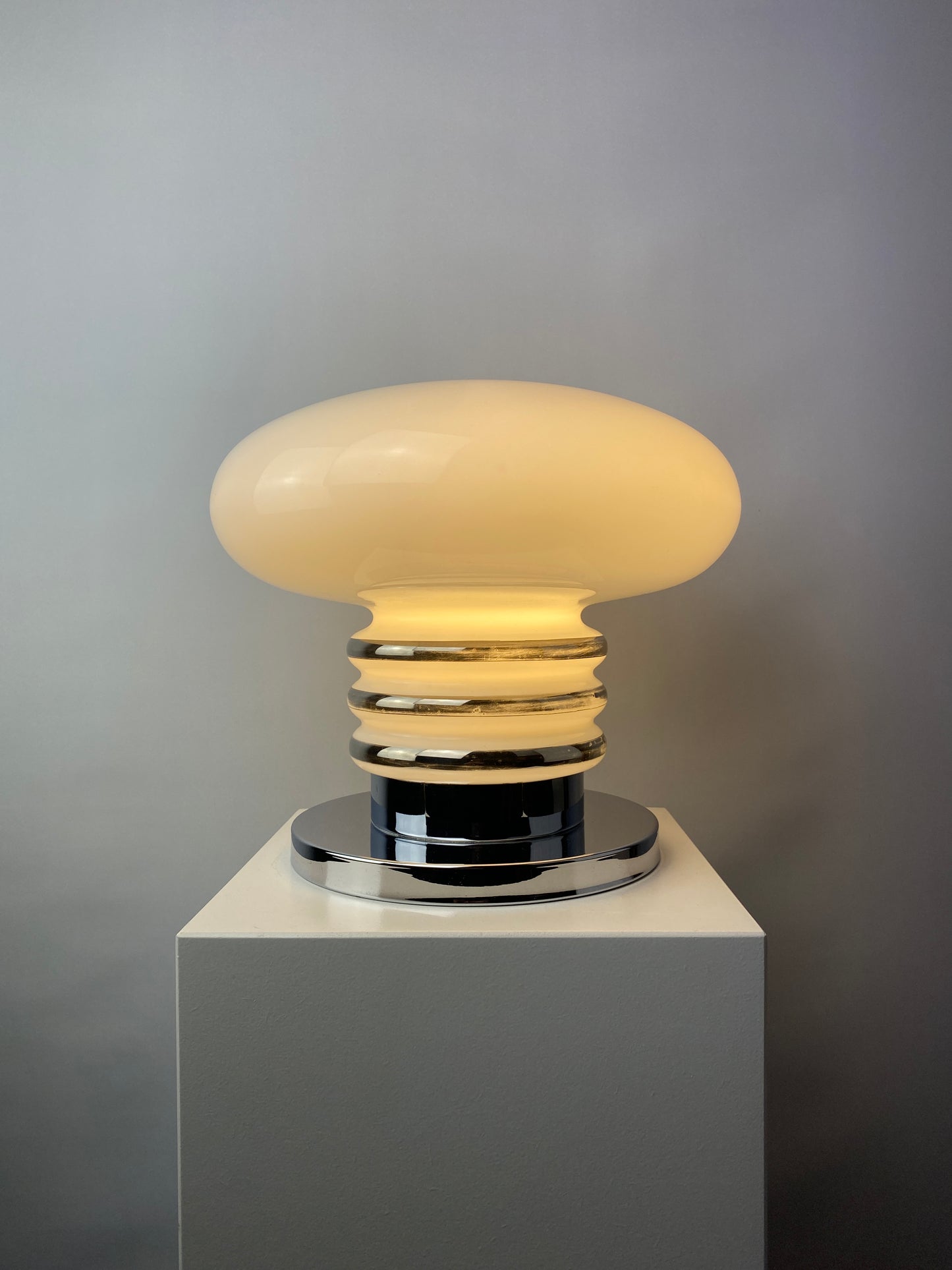 Mid-century white glass and chrome table lamp by Leclaire & Schäfer 1970