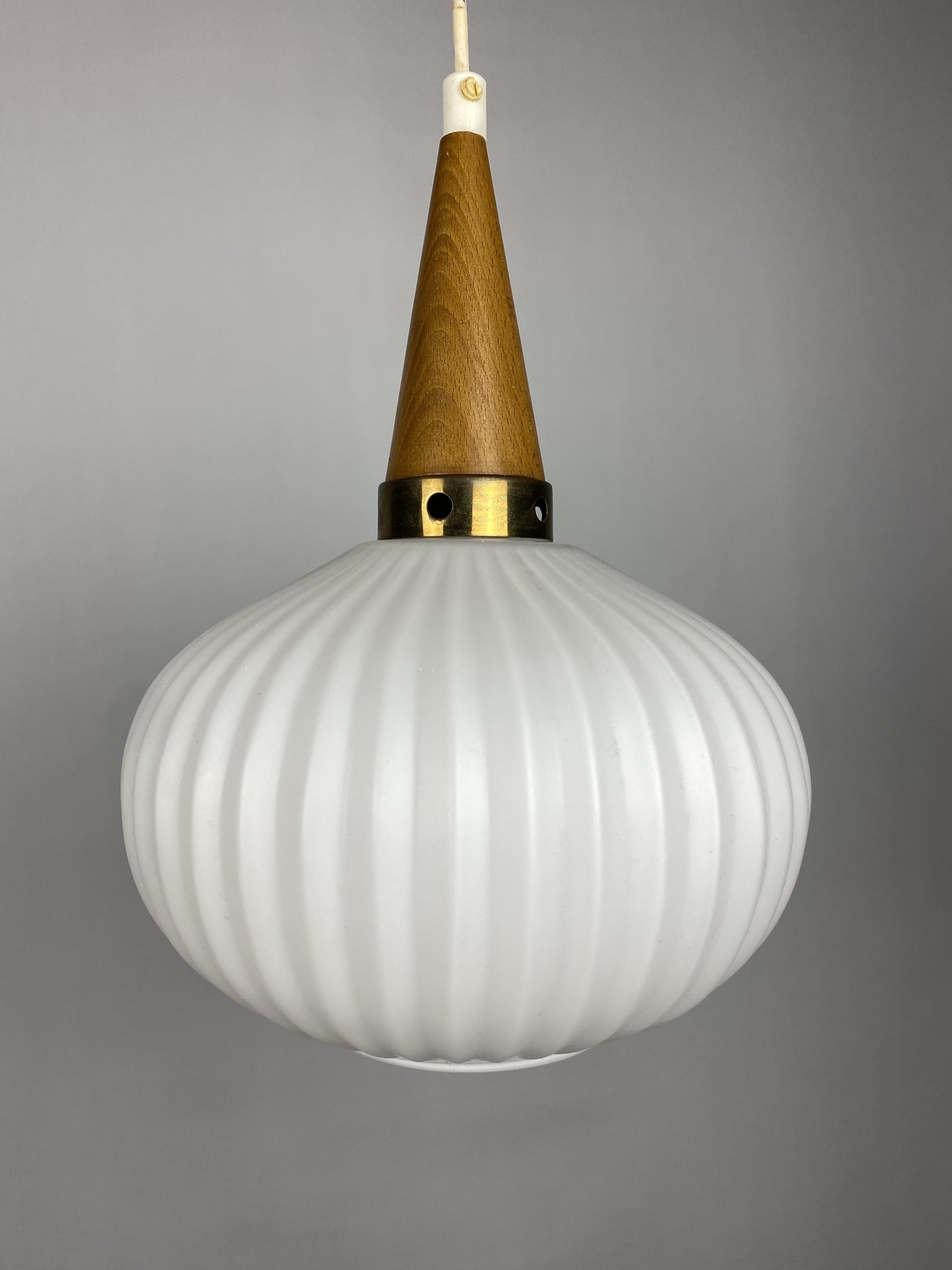 A pair of White opal frosted glass pendants light with wooden details by Massive 1970
