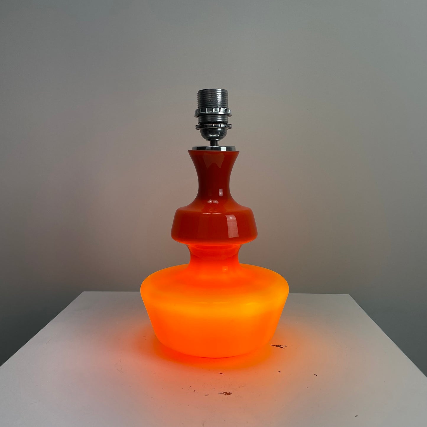 Massive Belgium lamp, Glasfabriek De Rupel, vintage glass table lamp, 1960s lighting, orange glass lamp, mid-century modern lamp, retro decorative lighting, collectible Belgian design, space-age lamp, illuminated glass lamp.
