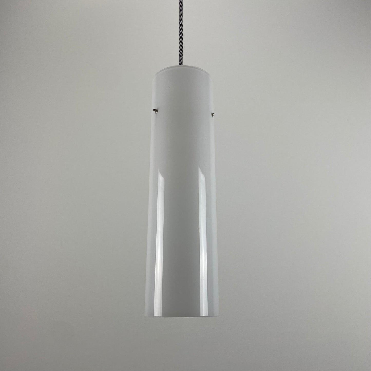 White glass cilinder shaped pendant light by Glashütte Limburg, 1970