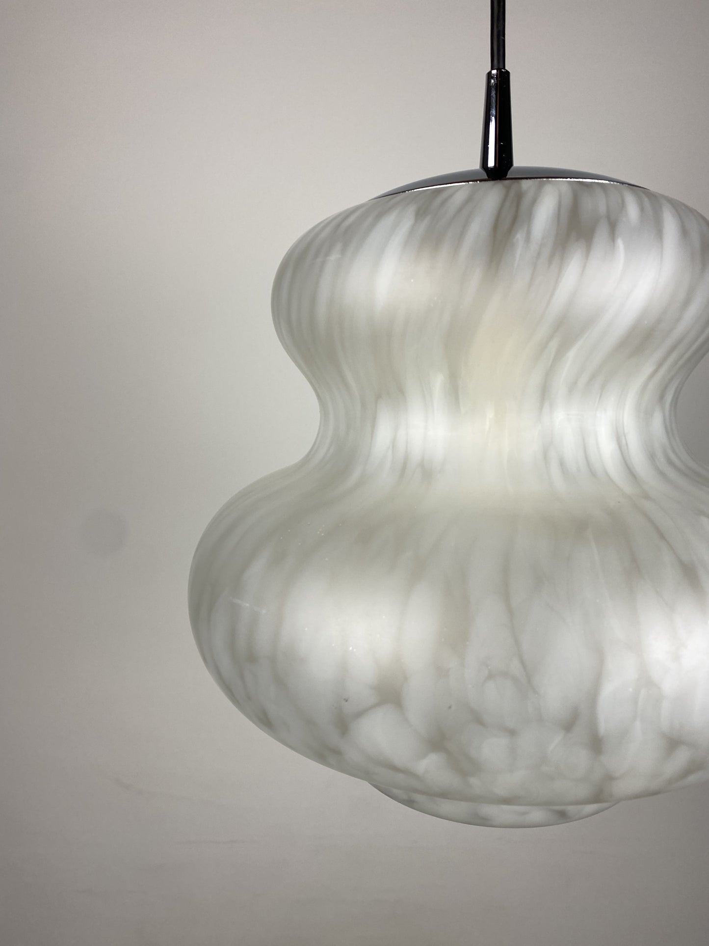 Cloudy white pumpkin shaped glass pendant light by Peill and Putzler 1970