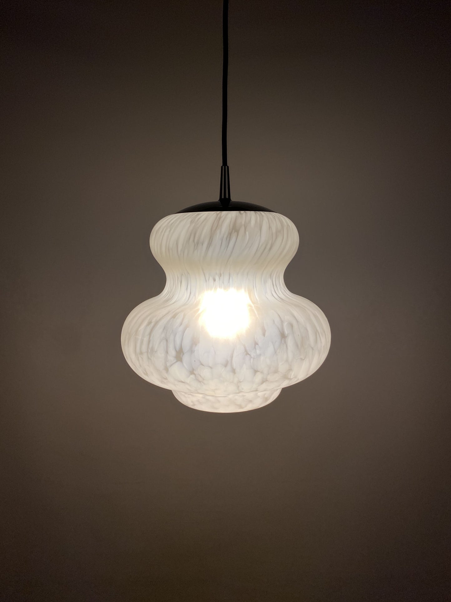 Cloudy white pumpkin shaped glass pendant light by Peill and Putzler 1970