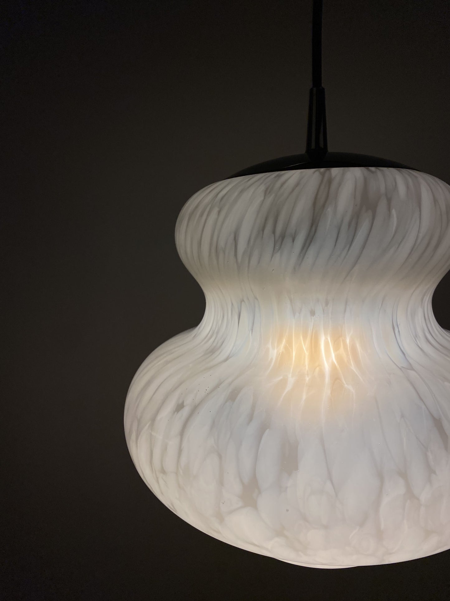 Cloudy white pumpkin shaped glass pendant light by Peill and Putzler 1970