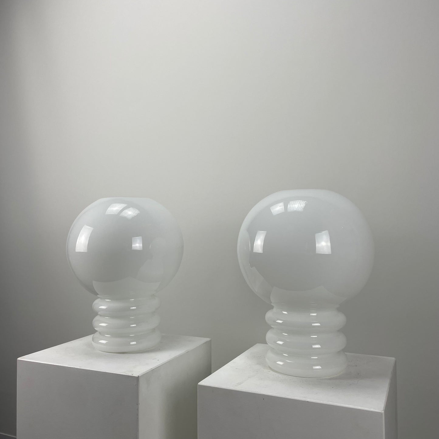 Pair of white glass table lamps BULB by Glashütte Limburg 1979
