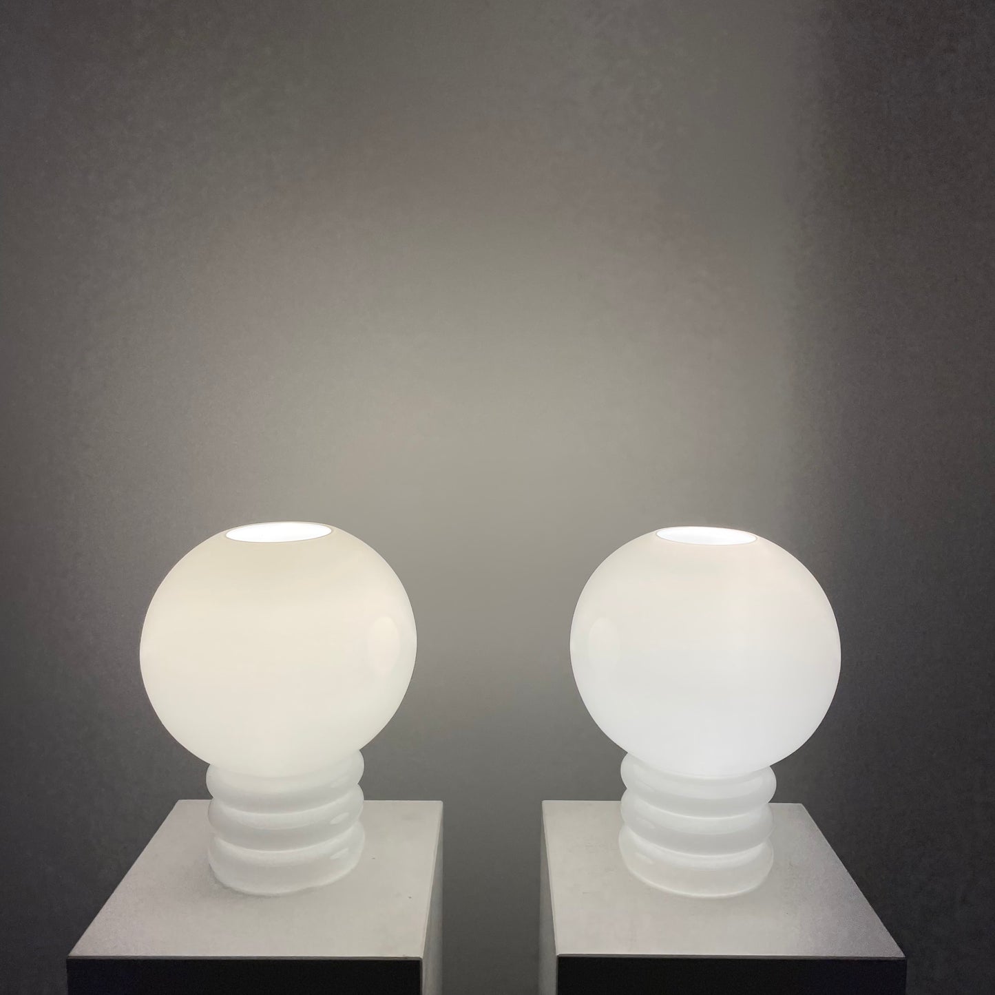 Pair of white glass table lamps BULB by Glashütte Limburg 1979