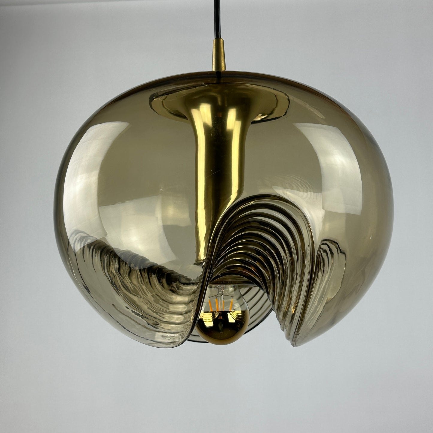 Waved smoked glass and gold Peill & Putzler Futura pendant light, 1970 Large