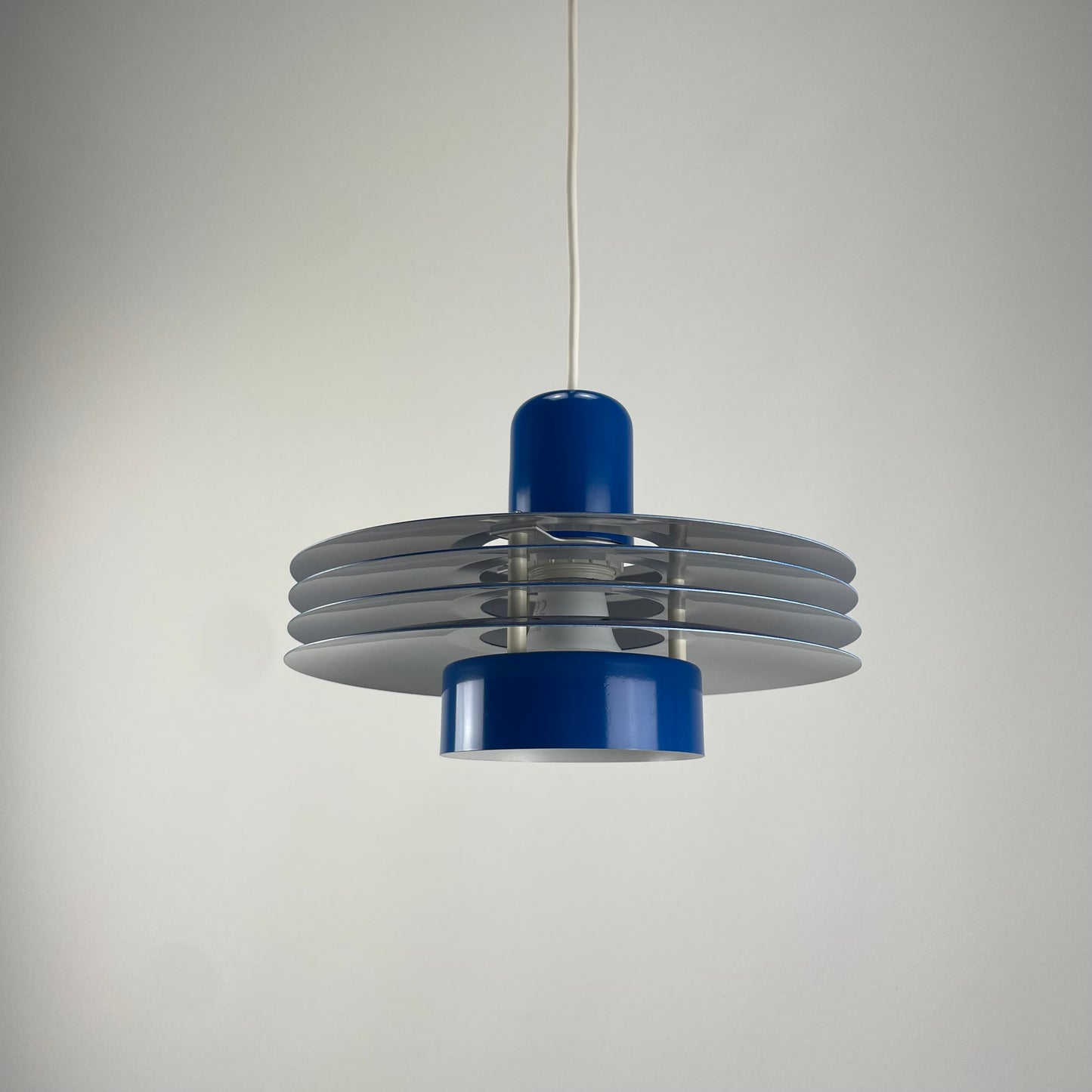 Danish blue UFO pendant lamp by HORN lighting model 763, 1960