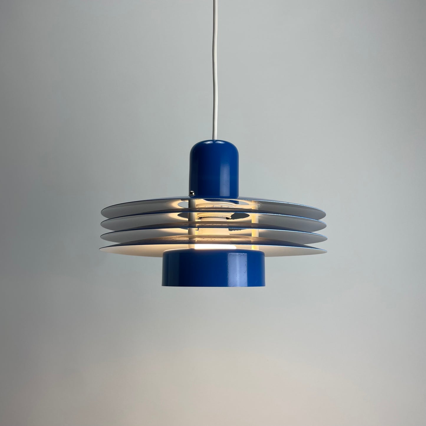 Danish blue UFO pendant lamp by HORN lighting model 763, 1960