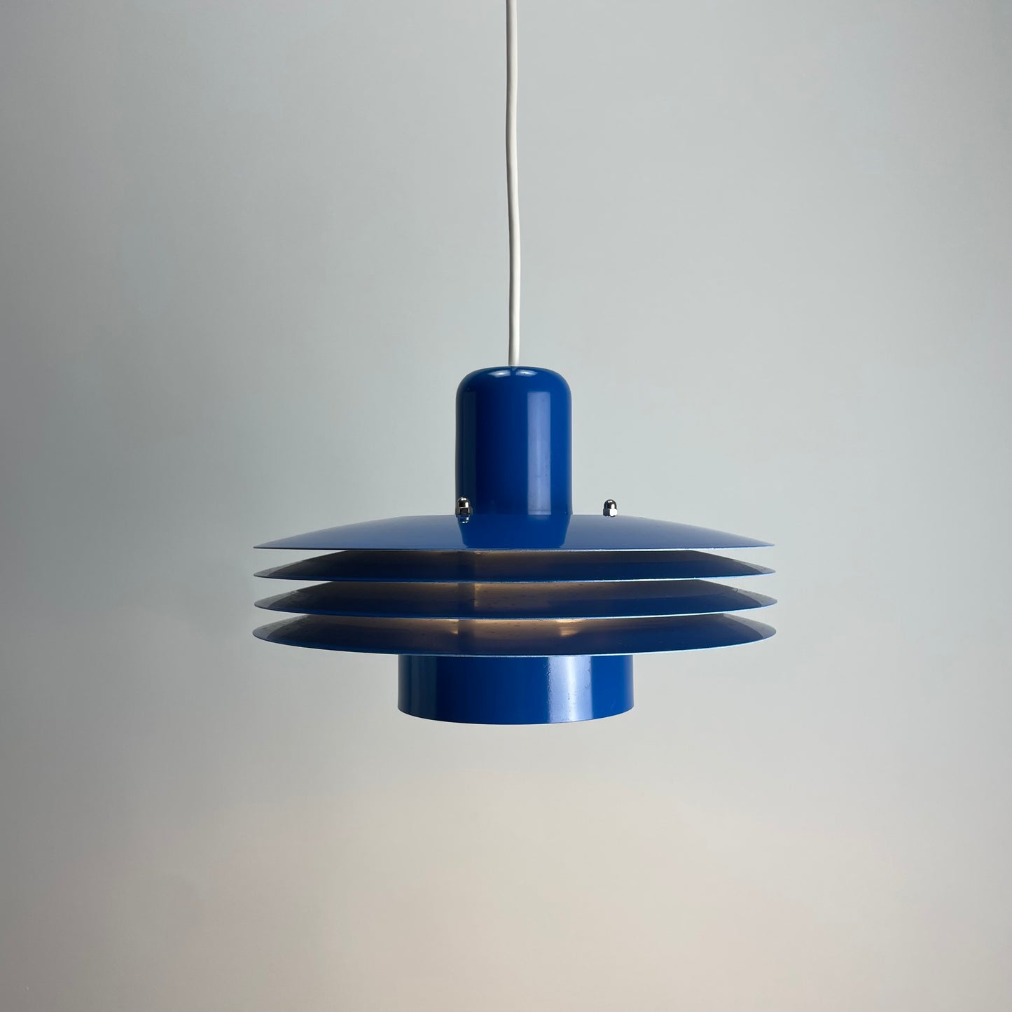 Danish blue UFO pendant lamp by HORN lighting model 763, 1960