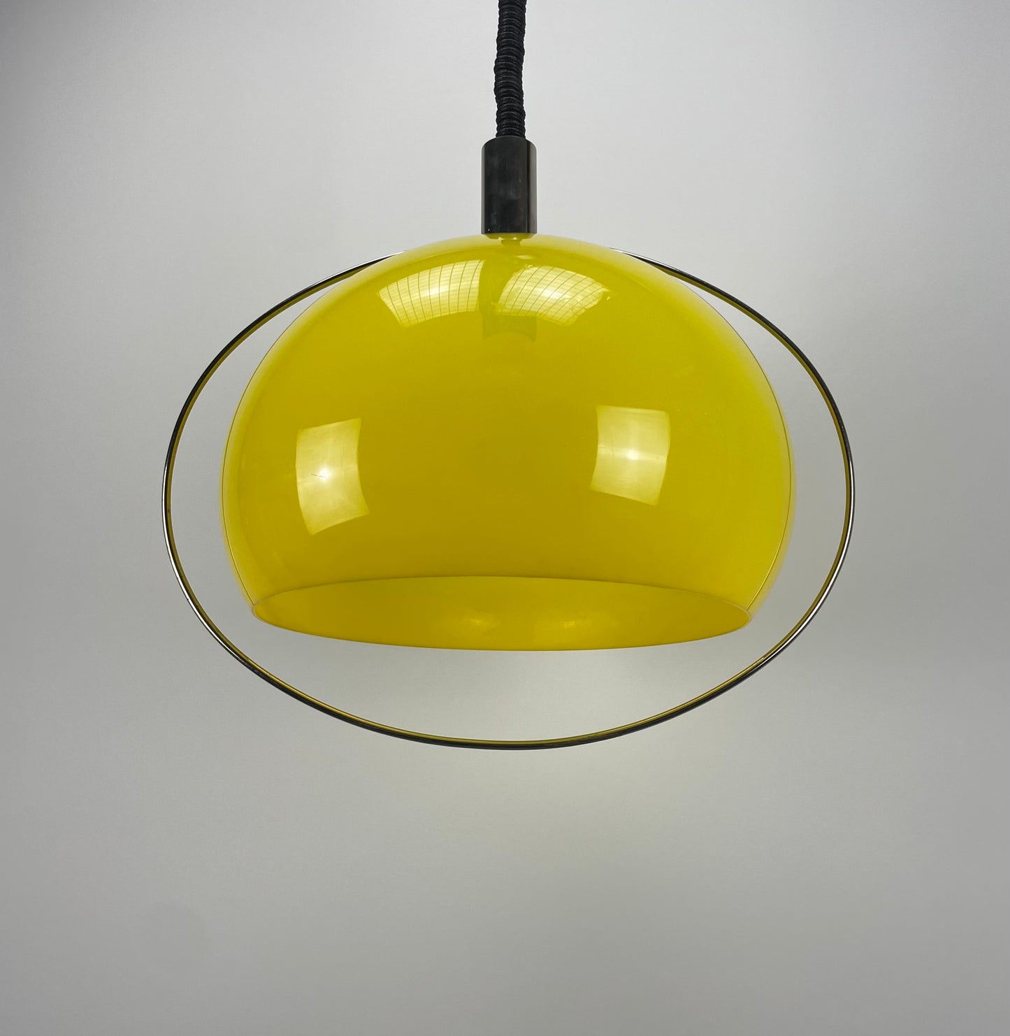 rare plexiglass pendant light, TEMDE lighting, vintage German lamp, neon yellow shade, 1960s design, Space Age lamp, unique pendant light, adjustable height lamp, retro lighting, collectible pendant light.