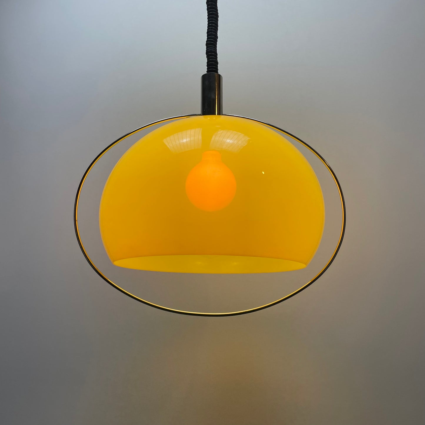 rare plexiglass pendant light, TEMDE lighting, vintage German lamp, neon yellow shade, 1960s design, Space Age lamp, unique pendant light, adjustable height lamp, retro lighting, collectible pendant light.