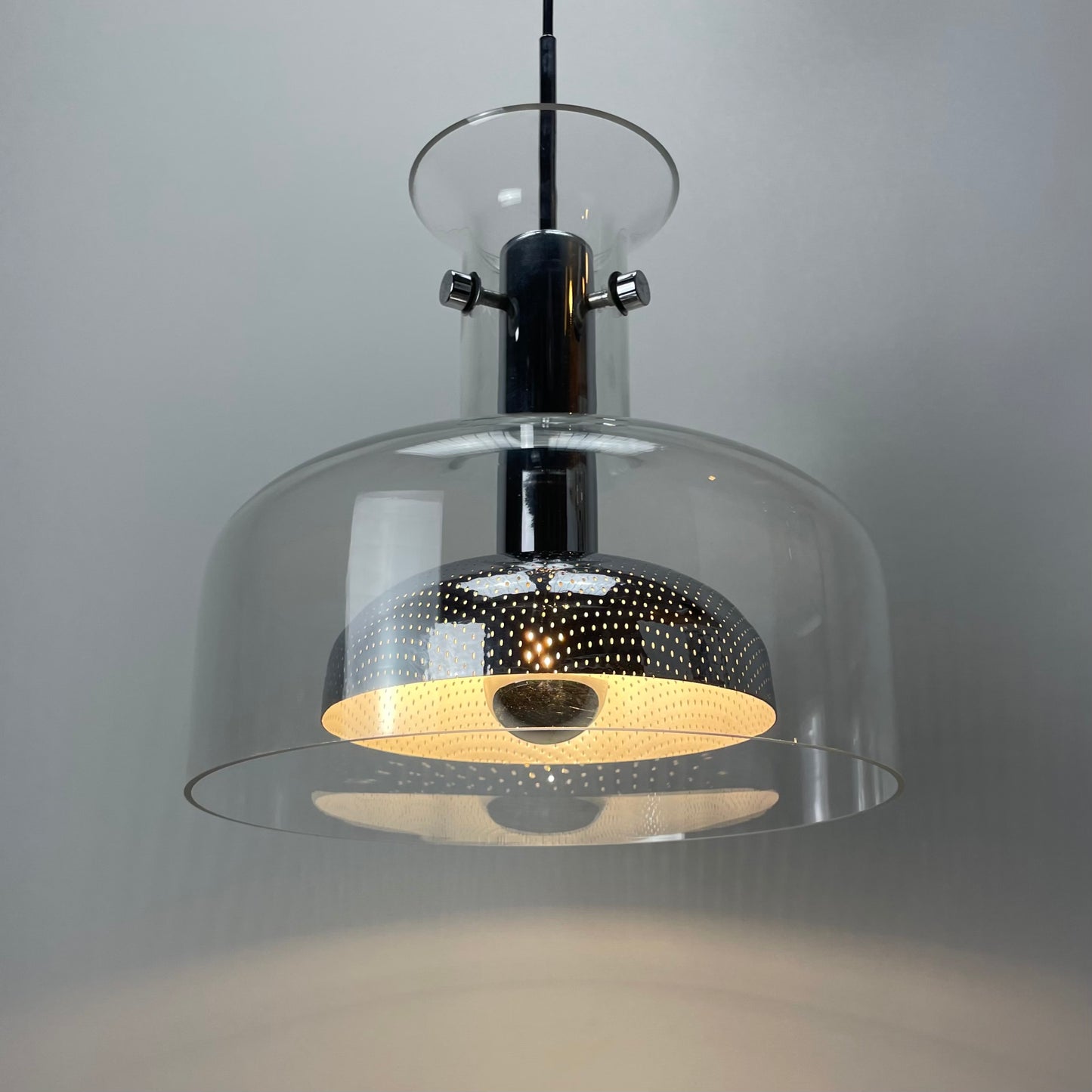 Anders Pehrson lamp, Atelje Lyktan, 1970s pendant lamp, vintage Scandinavian lighting, chrome and glass lamp