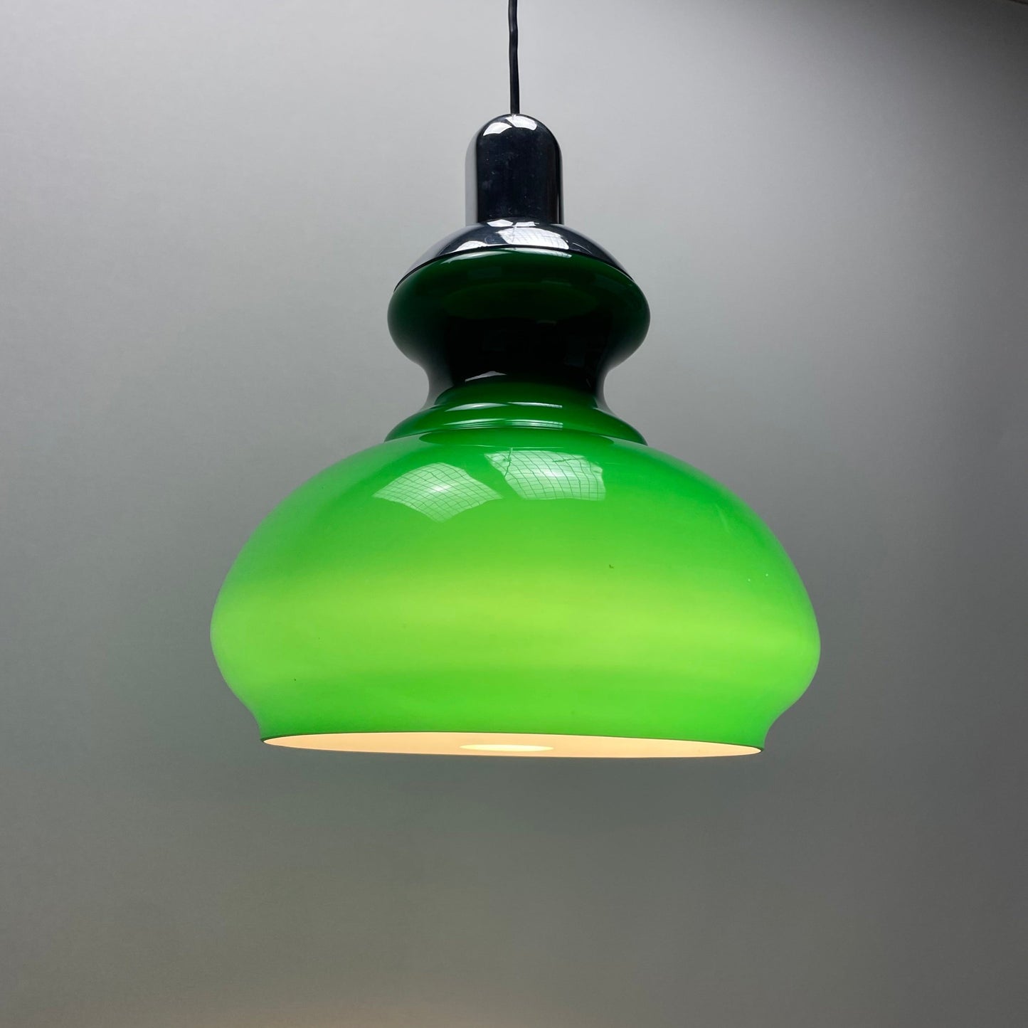 Vintage lamp, green glass pendant, opaline glass light, German lighting, chrome pendant light, 1970s design, large pendant lamp, retro lighting, mid-century modern, collectible lighting.