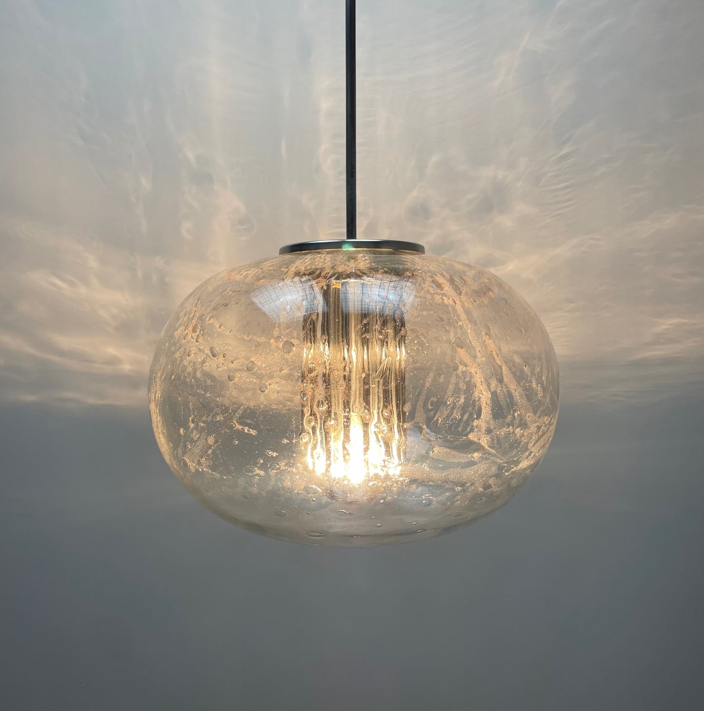 Vintage lamp, Doria Leuchten, bubble glass pendant, hand-blown glass, chrome pendant light, 1960s design, mid-century modern, rare lighting, retro glass lamp, collectible light fixture.
