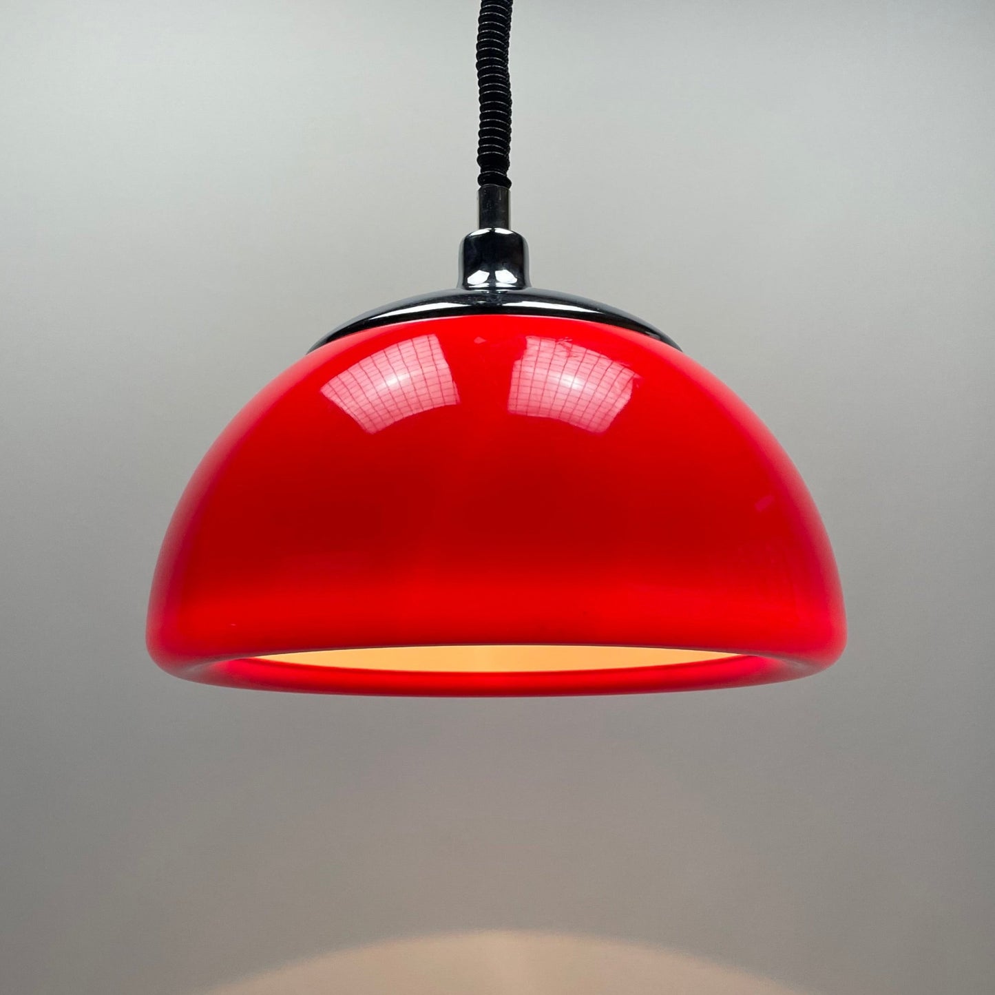 Vintage lamp, red pendant light, space age lighting, Cosack Leuchten, 1970s design, plexiglass lamp, chrome top pendant, rolley system, mid-century modern, rare red lamp.