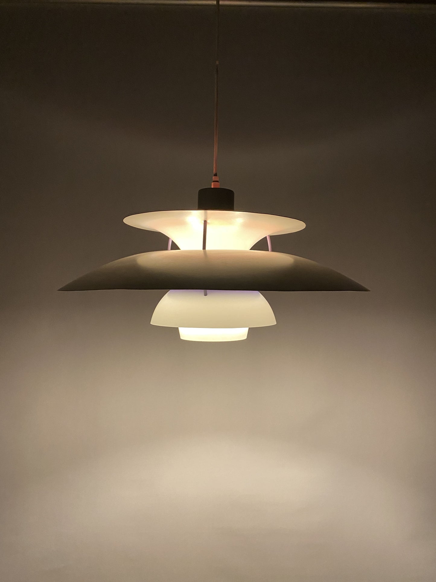 1 of 2 White and purple PH5 pendant light by Poul Henningsen for Louis Poulsen 1970