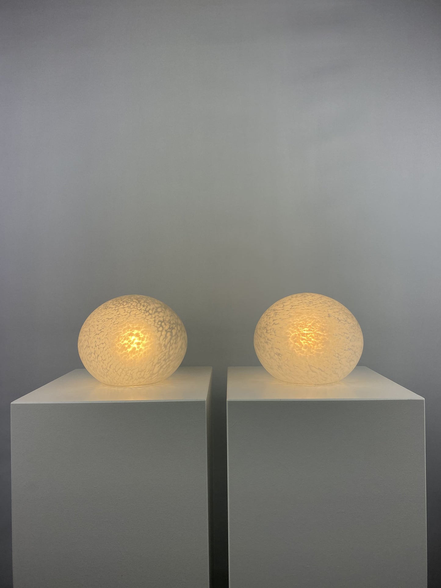 Pair of two white cloudy glass egg shaped table lamps 1970 Verrerie de Vianne style
