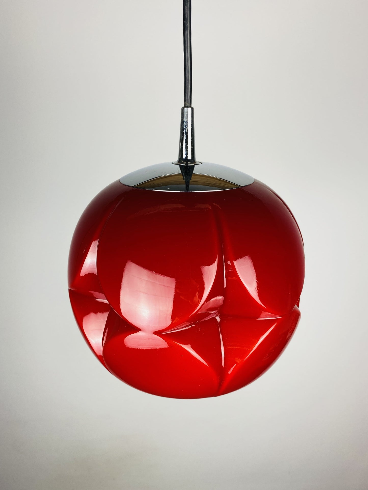 Pair of red glass artichoke pendant lights by Peill and Putzler 1960