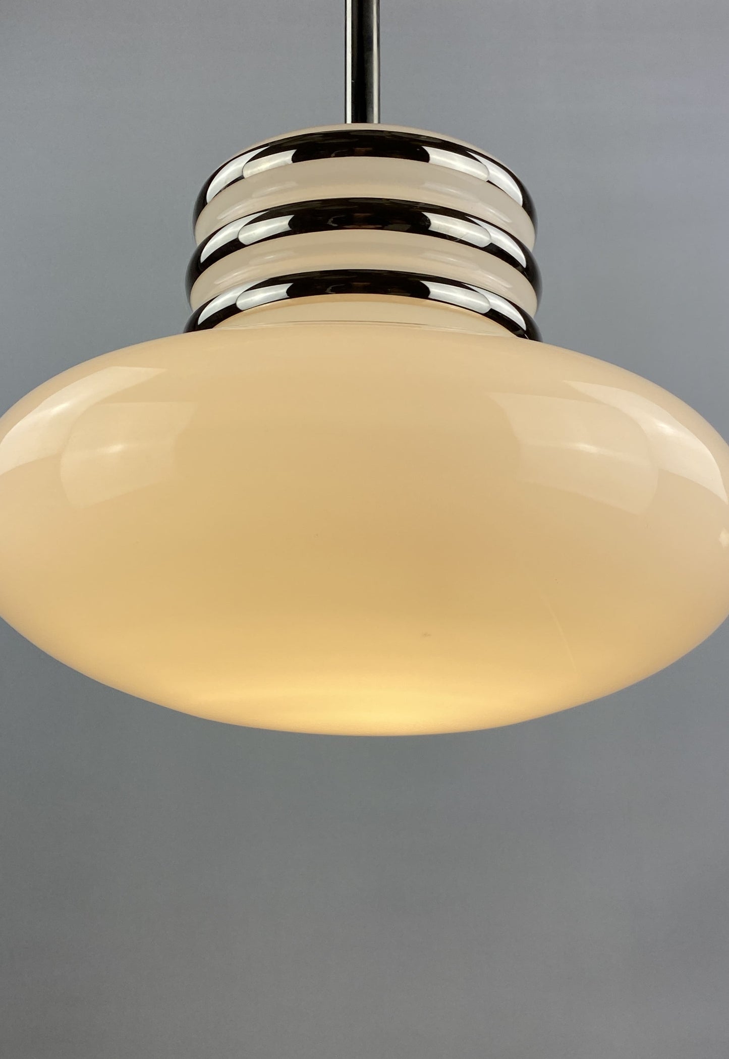 Mid-century white glass and chrome pendant lamp by Leclaire & Schäfer 1970