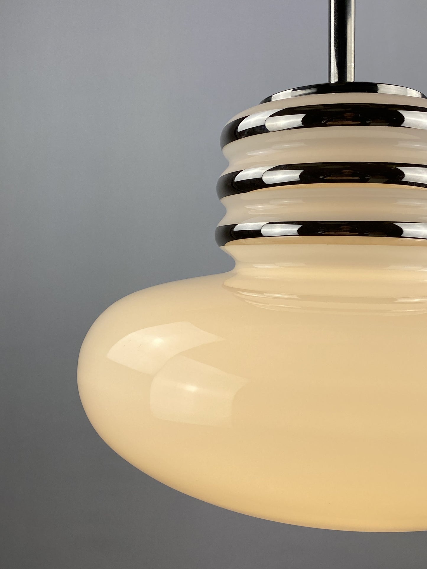 Mid-century white glass and chrome pendant lamp by Leclaire & Schäfer 1970