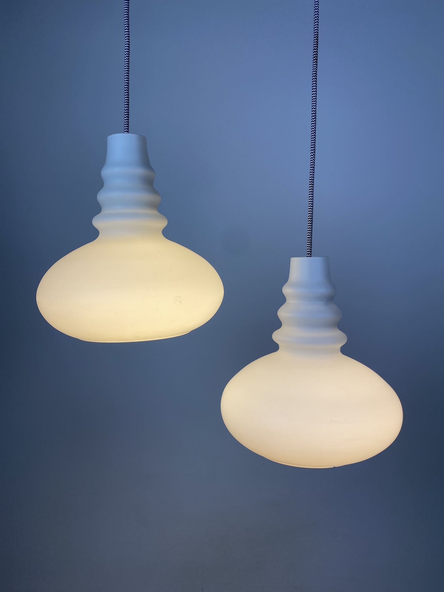 1 of 2 Frosted White glass pendant light by Peill and Putzler 1960