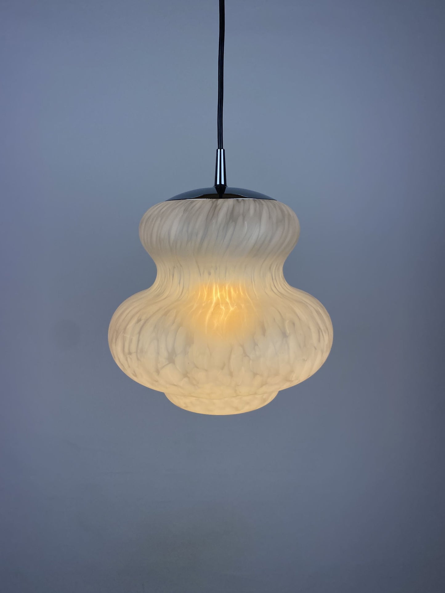 Cloudy white pumpkin shaped glass pendant light by Peill and Putzler 1970