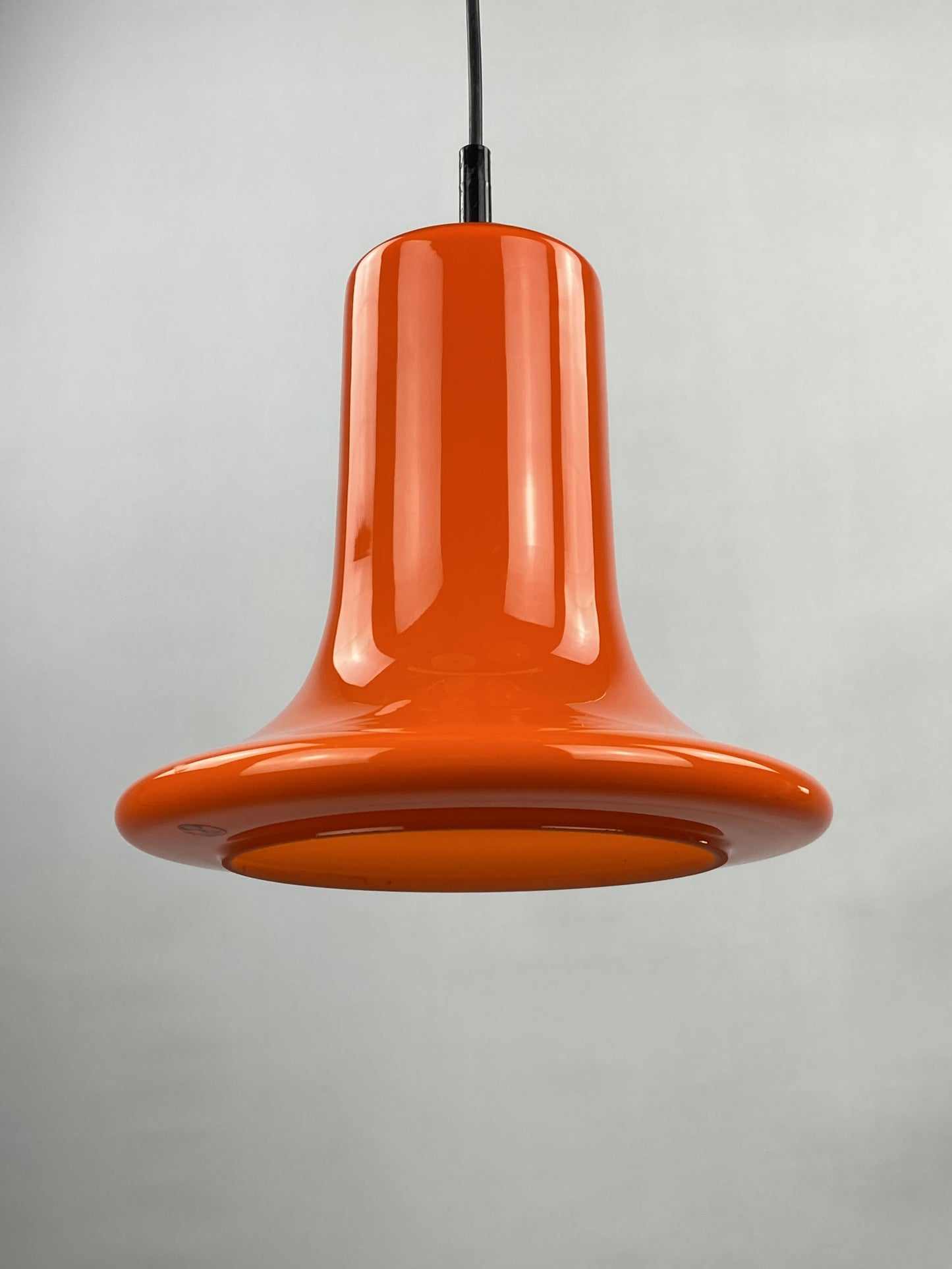 1 of 2 Rare orange trumpet shaped glass pendant light by Peill and Putzler 1960