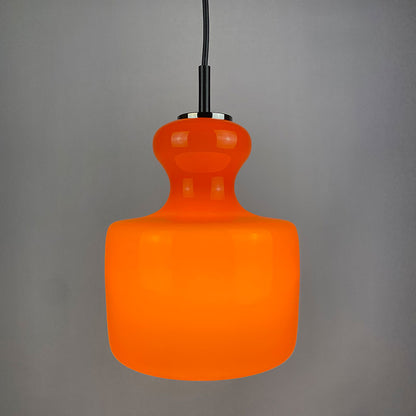 1 of 2 Bright orange glass pendant light by Peill and Putzler 1960