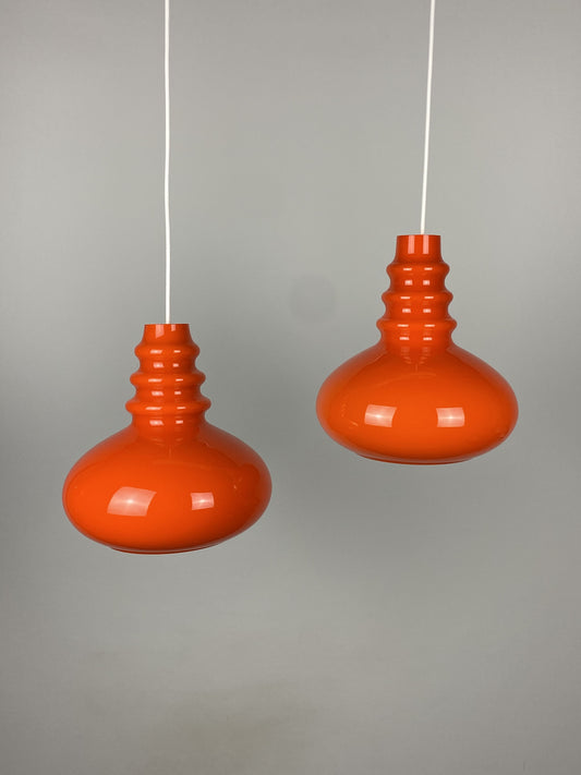 1 of 3 Orange midcentury glass pendant light by Peill & Putzler 1960