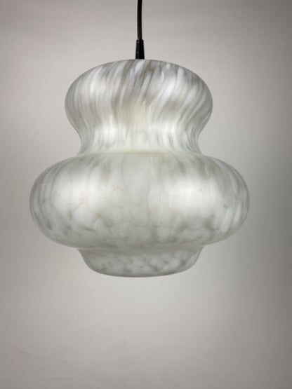 Cloudy white pumpkin shaped glass pendant light by Peill and Putzler 1970