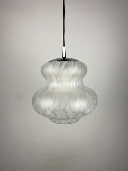 Cloudy white pumpkin shaped glass pendant light by Peill and Putzler 1970
