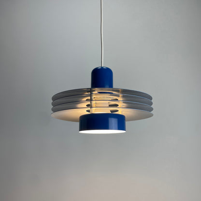 Danish blue UFO pendant lamp by HORN lighting model 763, 1960