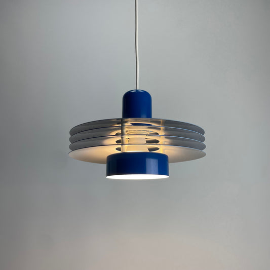Danish blue UFO pendant lamp by HORN lighting model 763, 1960