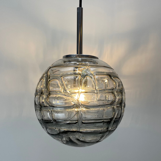 vintage smoked glass light, Doria Leuchten pendant, 1970s lighting, hand-blown glass light, retro globe light, mid-century modern lighting, unique pendant lights, thick glass pendant, German design lighting, vintage globe pendant.