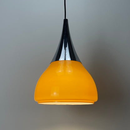 Doria Leuchten caramel pendant, 1970s glass pendant light, Space Age lighting, vintage German design, tulip-shaped lamp.