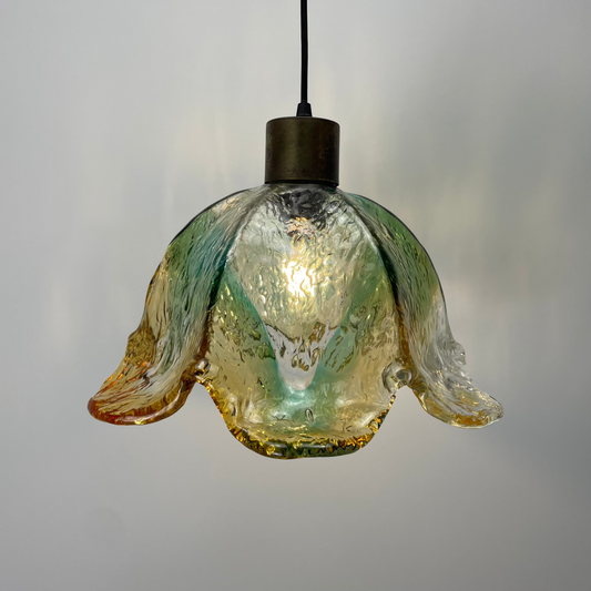 French glass pendant light
Flower-shaped light
Vintage lighting
Mid-century design
Green and caramel hues
Glassblowing technique
Unique light fixture
Elegant home decor
1950s lighting
Decorative pendant lamp