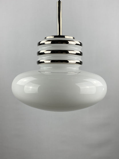 Mid-century white glass and chrome pendant lamp by Leclaire & Schäfer 1970