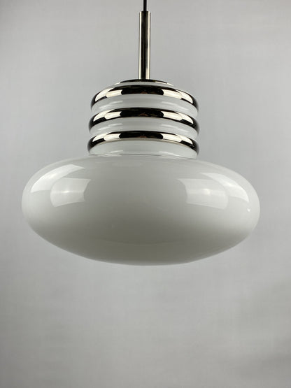 Mid-century white glass and chrome pendant lamp by Leclaire & Schäfer 1970