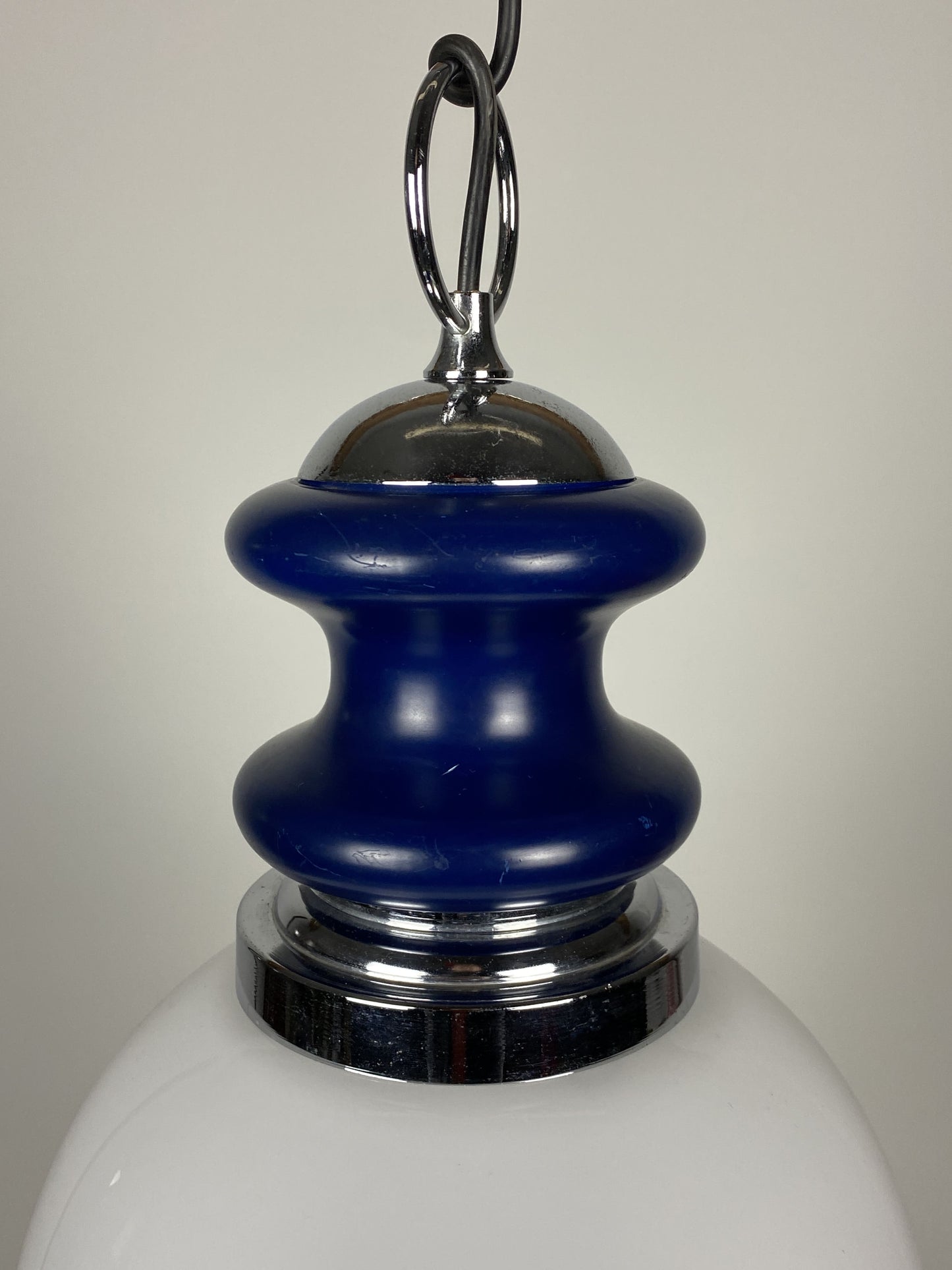 Vintage glass sphere with blue metal pendant from the 1970's